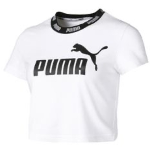 NEW Puma Cropped White Ringer Logo Tee S - Picture 2 of 12